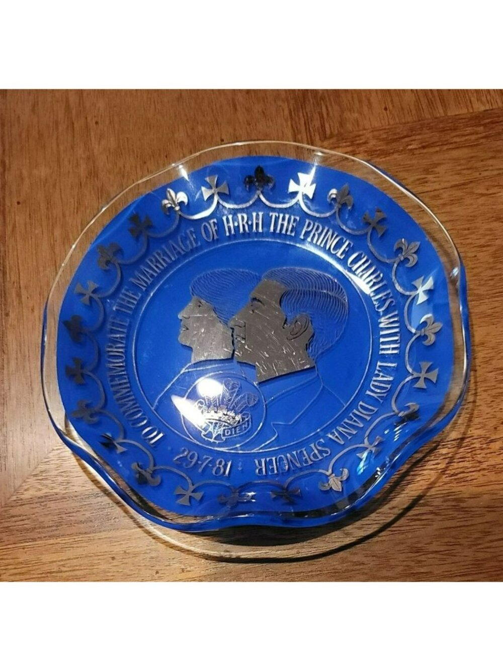 Charles & Diana Plate English Blue Silver Fluted Glass Dish Wedding 1981 RB104